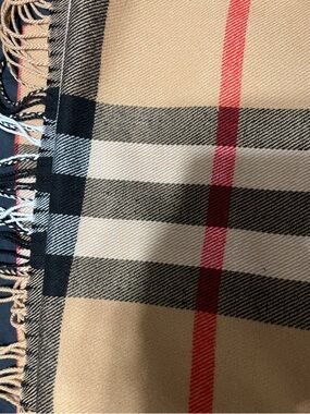 Classic Beige Plaid Fringe Scarf with Red Stripe